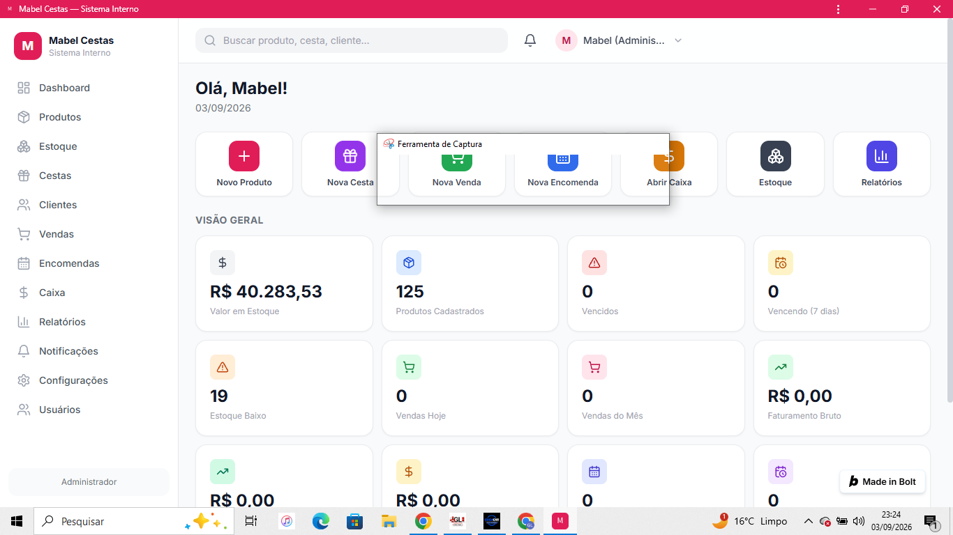 Print do sistema Mabel Cestas — Sistema Interno