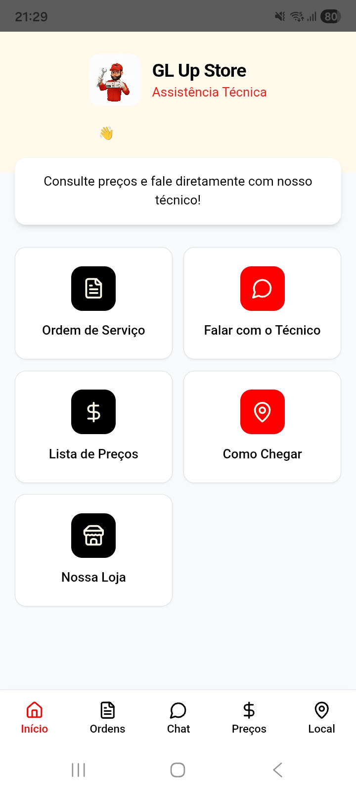 GL Up Store — tela inicial com menu de serviços