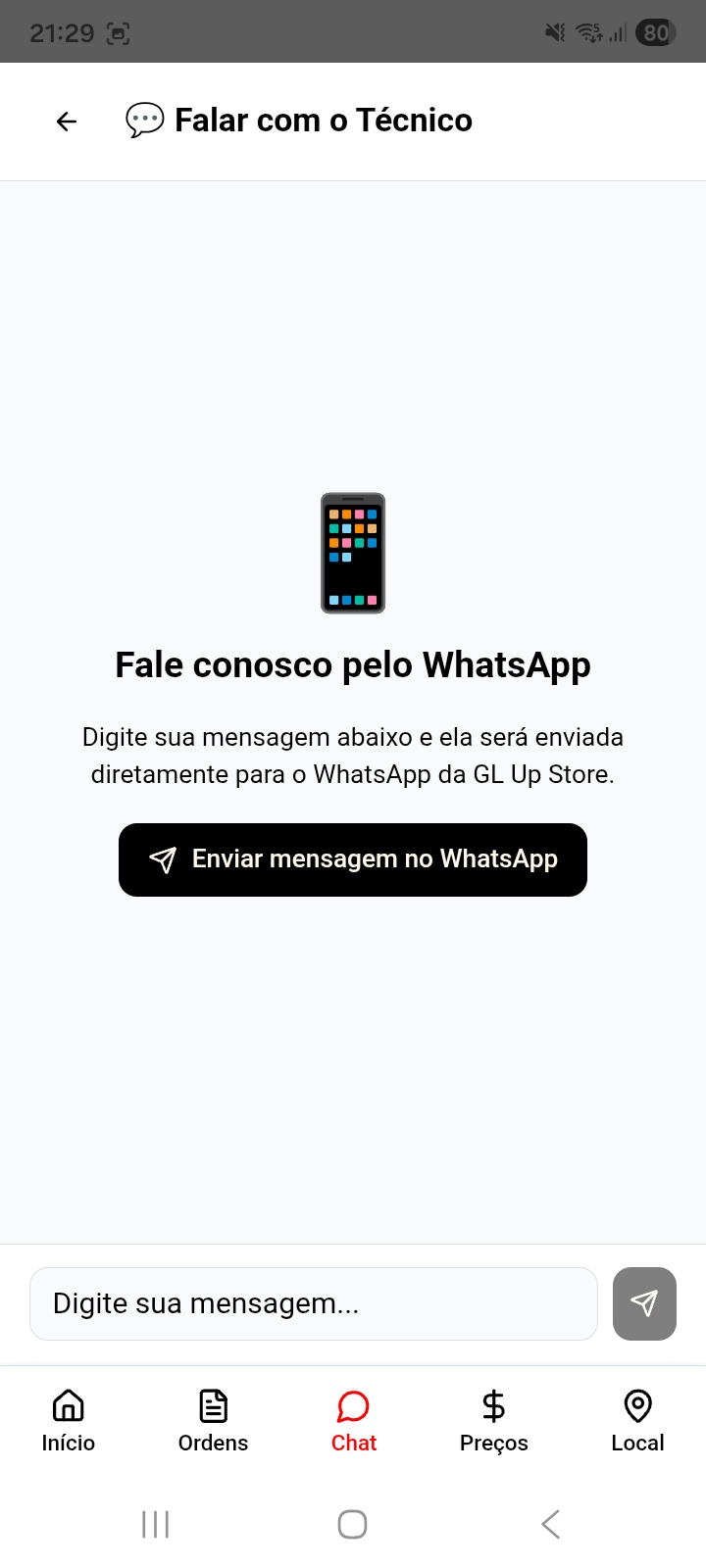 GL Up Store — Falar com o Técnico via WhatsApp