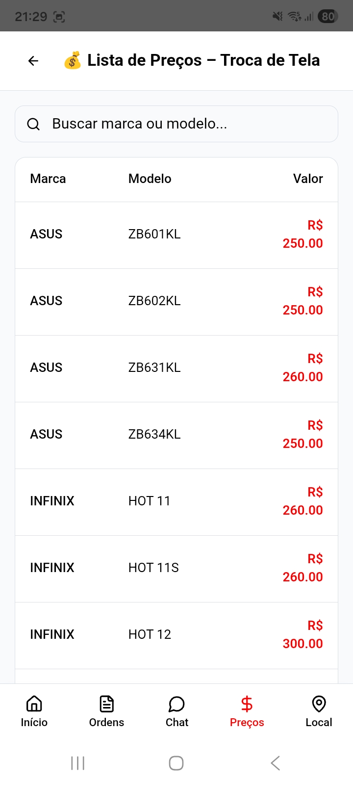 GL Up Store — Lista de Preços de Troca de Tela