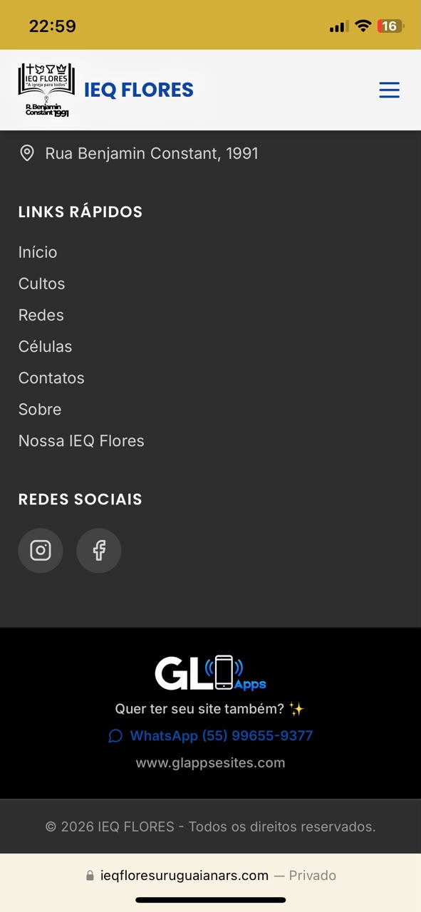 IEQ Flores — rodapé com links e redes sociais